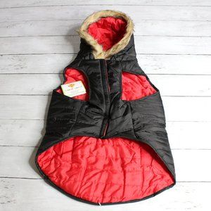 Outdoor Dog Puffer Jacket Size L Red Black Quilted Winter Coat Hooded